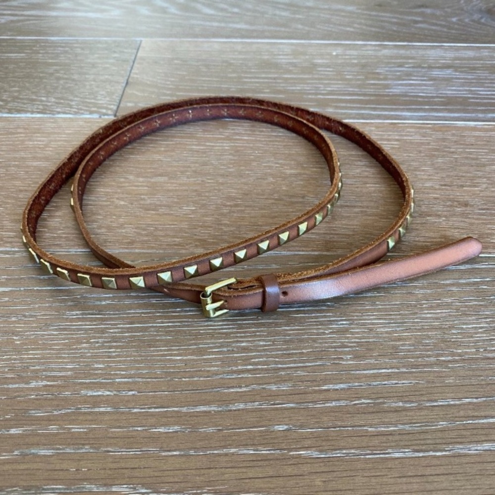 J. Crew Brown Leather Gold Studded Skinny Belt